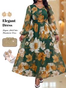 Fleurora Gaun A-Line Plus-Size Elegan dan Mistis Bertema Bunga Romantis dari Chiffon dengan Lengan Panjang untuk Liburan Musim Gugur, Pesta Pernikahan, dan Acara Malam, Warna Hijau Tua - MultiWarna - View 7
