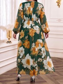 Fleurora Gaun A-Line Plus-Size Elegan dan Mistis Bertema Bunga Romantis dari Chiffon dengan Lengan Panjang untuk Liburan Musim Gugur, Pesta Pernikahan, dan Acara Malam, Warna Hijau Tua - MultiWarna - View 3