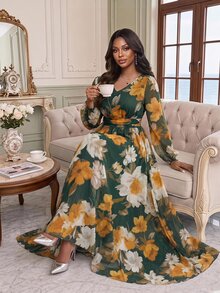 Fleurora Gaun A-Line Plus-Size Elegan dan Mistis Bertema Bunga Romantis dari Chiffon dengan Lengan Panjang untuk Liburan Musim Gugur, Pesta Pernikahan, dan Acara Malam, Warna Hijau Tua - MultiWarna - View 2