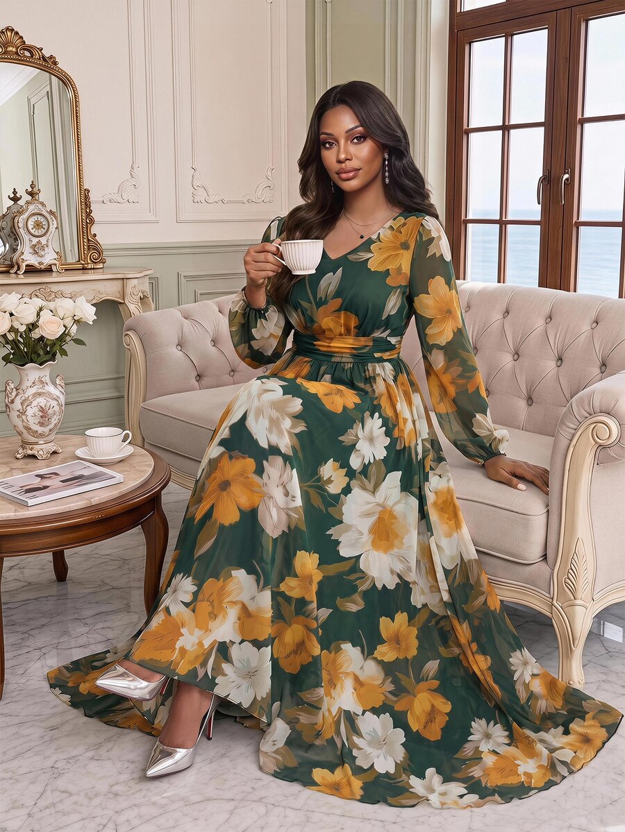 Fleurora Gaun A-Line Plus-Size Elegan dan Mistis Bertema Bunga Romantis dari Chiffon dengan Lengan Panjang untuk Liburan Musim Gugur, Pesta Pernikahan, dan Acara Malam, Warna Hijau Tua