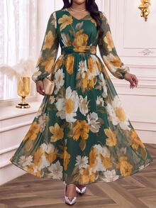 Fleurora Gaun A-Line Plus-Size Elegan dan Mistis Bertema Bunga Romantis dari Chiffon dengan Lengan Panjang untuk Liburan Musim Gugur, Pesta Pernikahan, dan Acara Malam, Warna Hijau Tua - MultiWarna - View 8