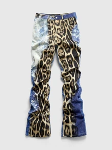 ROMWE MEN Men Leopard Patchwork Print Flare Leg Jeans - Multicolor - View 1