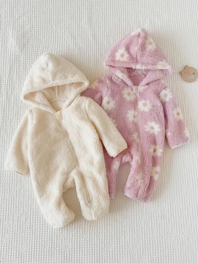 SHEIN Baby Girl Autumn/Winter Double-Sided Fleece Hooded Jumpsuit, Cute Casual Daily Wear