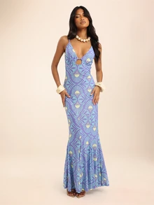 Dancing Leopard Đầm maxi ôm dáng ngực nhún họa tiết trừu tượng màu xanh, trang phục cho dịp đặc biệt - Nhiều màu - Xem 3