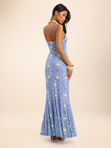 Dancing Leopard Đầm maxi ôm dáng ngực nhún họa tiết trừu tượng màu xanh, trang phục cho dịp đặc biệt - Nhiều màu - Xem 2