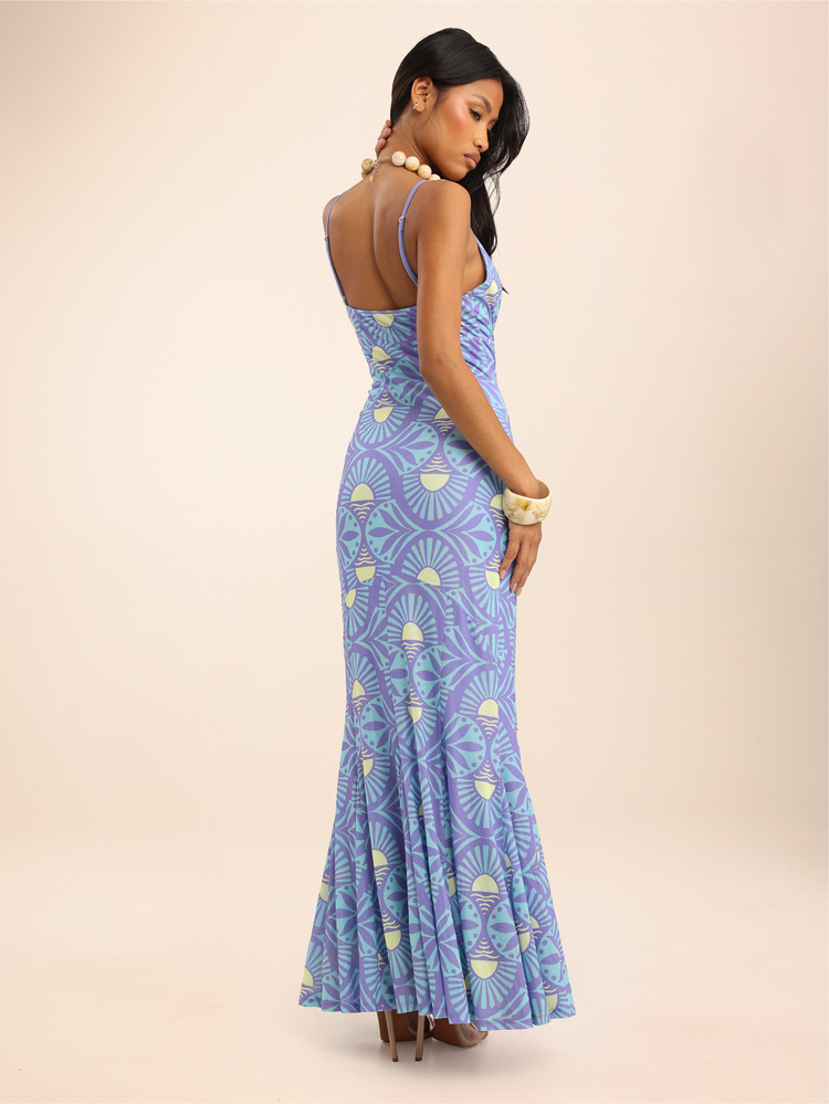Dancing Leopard Blue Abstract Print Ruched Bust Fitted Maxi Dress, Special Occasion Wear - Multicolor - View 2