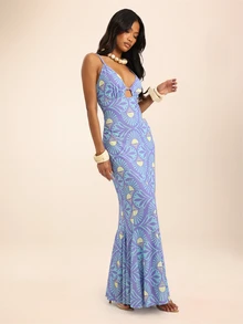 Dancing Leopard Đầm maxi ôm dáng ngực nhún họa tiết trừu tượng màu xanh, trang phục cho dịp đặc biệt - Nhiều màu - Xem 6