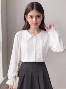Elladie kids Girls White Lace Peter Pan Collar Long Sleeve Blouse, Pleated Front Placket, Ruffle Cuffs, Gentle Style Basic Shirt For Teen, Student Casual, School - White - View 1