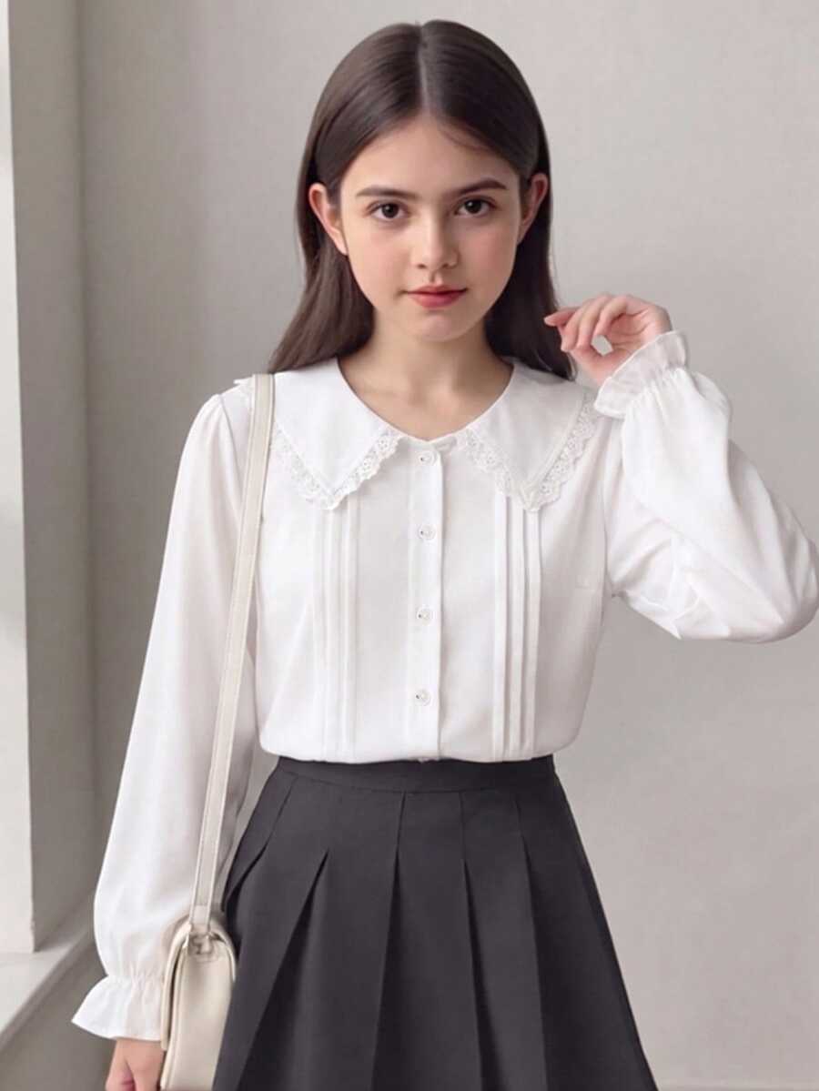 Elladie kids Girls White Lace Peter Pan Collar Long Sleeve Blouse, Pleated Front Placket, Ruffle Cuffs, Gentle Style Basic Shirt For Teen, Student Casual, School - White - View 1