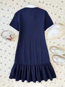 Teen Girl Kids Navy Blue Polo Collar Embroidered Pattern Ruffle Hem Casual Dress, School Uniform Style, Suitable For School, Outdoor Activities, Shopping, Daily Wear - Navy Blue - View 9