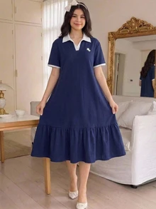 Teen Girl Kids Navy Blue Polo Collar Embroidered Pattern Ruffle Hem Casual Dress, School Uniform Style, Suitable For School, Outdoor Activities, Shopping, Daily Wear - Navy Blue - View 7
