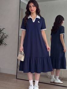 Teen Girl Kids Navy Blue Polo Collar Embroidered Pattern Ruffle Hem Casual Dress, School Uniform Style, Suitable For School, Outdoor Activities, Shopping, Daily Wear - Navy Blue - View 14