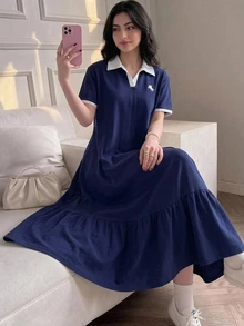 Teen Girl Kids Navy Blue Polo Collar Embroidered Pattern Ruffle Hem Casual Dress, School Uniform Style, Suitable For School, Outdoor Activities, Shopping, Daily Wear - Navy Blue - View 3