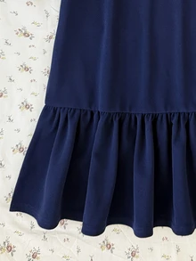 Teen Girl Kids Navy Blue Polo Collar Embroidered Pattern Ruffle Hem Casual Dress, School Uniform Style, Suitable For School, Outdoor Activities, Shopping, Daily Wear - Navy Blue - View 12