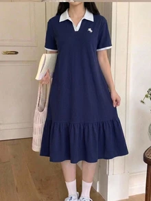 Teen Girl Kids Navy Blue Polo Collar Embroidered Pattern Ruffle Hem Casual Dress, School Uniform Style, Suitable For School, Outdoor Activities, Shopping, Daily Wear - Navy Blue - View 13