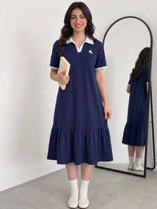 Teen Girl Kids Navy Blue Polo Collar Embroidered Pattern Ruffle Hem Casual Dress, School Uniform Style, Suitable For School, Outdoor Activities, Shopping, Daily Wear - Navy Blue - View 6