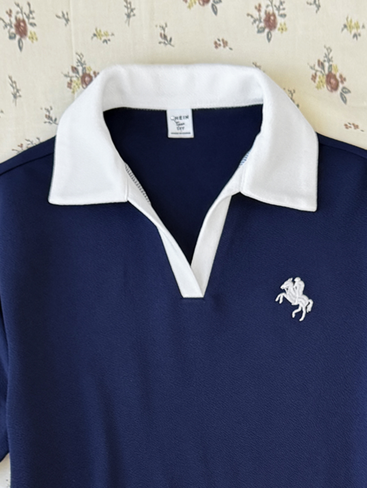 Đầm casual cho bé gái tuổi teen màu xanh navy, cổ polo, họa tiết thêu, gấu bèo nhún, phong cách đồng phục học sinh, phù hợp đi học, hoạt động ngoài trời, mua sắm và mặc hàng ngày - Màu xanh hải quân - Xem 9