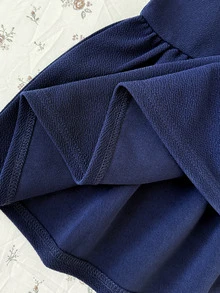 Teen Girl Kids Navy Blue Polo Collar Embroidered Pattern Ruffle Hem Casual Dress, School Uniform Style, Suitable For School, Outdoor Activities, Shopping, Daily Wear - Navy Blue - View 11