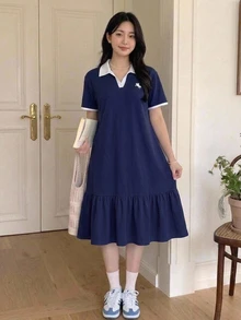 Teen Girl Kids Navy Blue Polo Collar Embroidered Pattern Ruffle Hem Casual Dress, School Uniform Style, Suitable For School, Outdoor Activities, Shopping, Daily Wear - Navy Blue - View 5