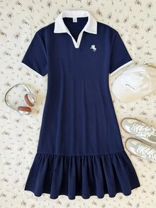 Teen Girl Kids Navy Blue Polo Collar Embroidered Pattern Ruffle Hem Casual Dress, School Uniform Style, Suitable For School, Outdoor Activities, Shopping, Daily Wear - Navy Blue - View 8