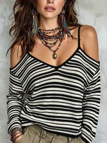 SHEIN Women's Casual Black & Apricot Striped Colorblock Spaghetti Strap Cold Shoulder Long Sleeve Pullover Sweater - Multicolor - View 1