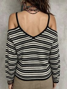 SHEIN Women's Casual Black & Apricot Striped Colorblock Spaghetti Strap Cold Shoulder Long Sleeve Pullover Sweater - Multicolor - View 3