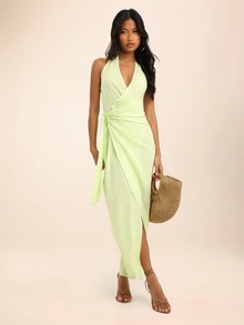 Dancing Leopard Green Linen-Blend Wrap Plunge Maxi Dress, Wedding Guest Occasion Wear - Green - View 3