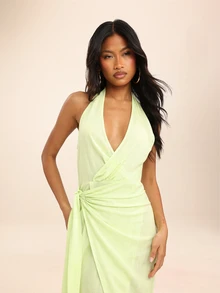 Dancing Leopard Green Linen-Blend Wrap Plunge Maxi Dress, Wedding Guest Occasion Wear - Green - View 4