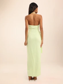 Dancing Leopard Green Linen-Blend Wrap Plunge Maxi Dress, Wedding Guest Occasion Wear - Green - View 2