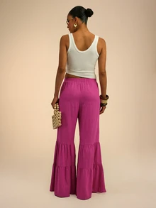 Dancing Leopard Hot Pink Tiered Wide Leg Pants, Holiday/Vacation Wear - Hot Pink - View 2