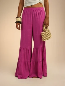 Dancing Leopard Hot Pink Tiered Wide Leg Pants, Holiday/Vacation Wear - Hot Pink - View 4