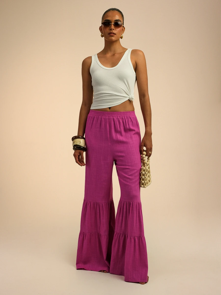 Dancing Leopard Hot Pink Tiered Wide Leg Pants, Holiday/Vacation Wear - Hot Pink - View 1