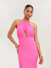 Dancing Leopard Hot Pink Halterneck Wrap Fishtail Maxi Dress, Special Occasion Wear Vacation Night Out Tropical Sexy - Hot Pink - View 4