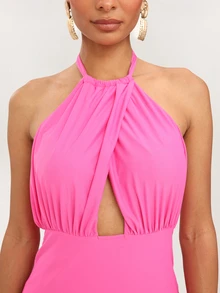 Dancing Leopard Hot Pink Halterneck Wrap Fishtail Maxi Dress, Special Occasion Wear Vacation Night Out Tropical Sexy - Hot Pink - View 5