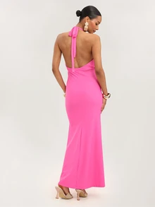 Dancing Leopard Hot Pink Halterneck Wrap Fishtail Maxi Dress, Special Occasion Wear Vacation Night Out Tropical Sexy - Hot Pink - View 2