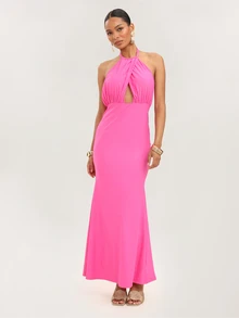 Dancing Leopard Hot Pink Halterneck Wrap Fishtail Maxi Dress, Special Occasion Wear Vacation Night Out Tropical Sexy - Hot Pink - View 3