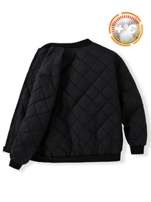 SHEIN 兒童青少年男孩休閒保暖內裡加厚黑色夾克，適合秋冬，絎縫外套，冬季外套，派克大衣，填充外套，適合學校、旅行、外出、生日派對、假期 - 黑色 - 查看 3