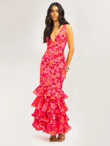 Dancing Leopard Orange And Pink Abstract Ruffle Dress, Wedding Guest Occasion Wear - Multicolor - View 3