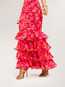 Dancing Leopard Orange And Pink Abstract Ruffle Dress, Wedding Guest Occasion Wear - Multicolor - View 6
