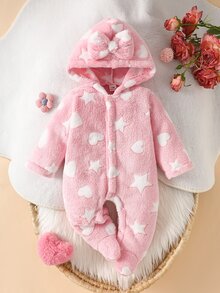 SHEIN 新生兒連帽連身衣，可愛粉色蝴蝶結印花，法蘭絨材質，舒適親膚嬰兒爬行服，2016冬季拍照造型 - 淺粉色 - 查看 7