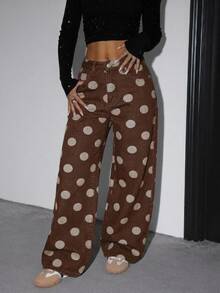 SHEIN ICON 女款波點印花寬鬆直筒牛仔褲 秋冬休閒正式商務可愛牛仔女孩風基礎復古返校節慶棕色 - 棕色 - 查看 2