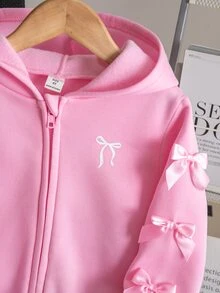 SHEIN 女童蝴蝶結裝飾連帽拉鍊休閒日常長袖運動外套 粉色冬季上衣 秋季服飾 - 粉色 - 查看 6