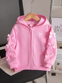 SHEIN 女童蝴蝶結裝飾連帽拉鍊休閒日常長袖運動外套 粉色冬季上衣 秋季服飾 - 粉色 - 查看 5