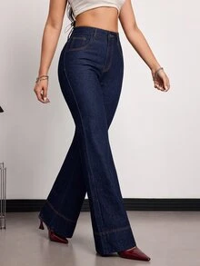 SHEIN ICON 女款冬季保暖內裡喇叭腿牛仔褲 秋冬休閒正式商務可愛牛仔風基礎復古返校節慶毛茸茸秋季穿搭 - 藍色 - 查看 4