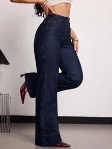 SHEIN ICON 女款冬季保暖內裡喇叭腿牛仔褲 秋冬休閒正式商務可愛牛仔風基礎復古返校節慶毛茸茸秋季穿搭 - 藍色 - 查看 6
