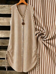 EMERY ROSE Women's Summer Swimwear Mature Striped Single-Breasted Sleeveless Shirt Cover-Up, Suitable For Summer Beach Vacation - Khaki - View 1