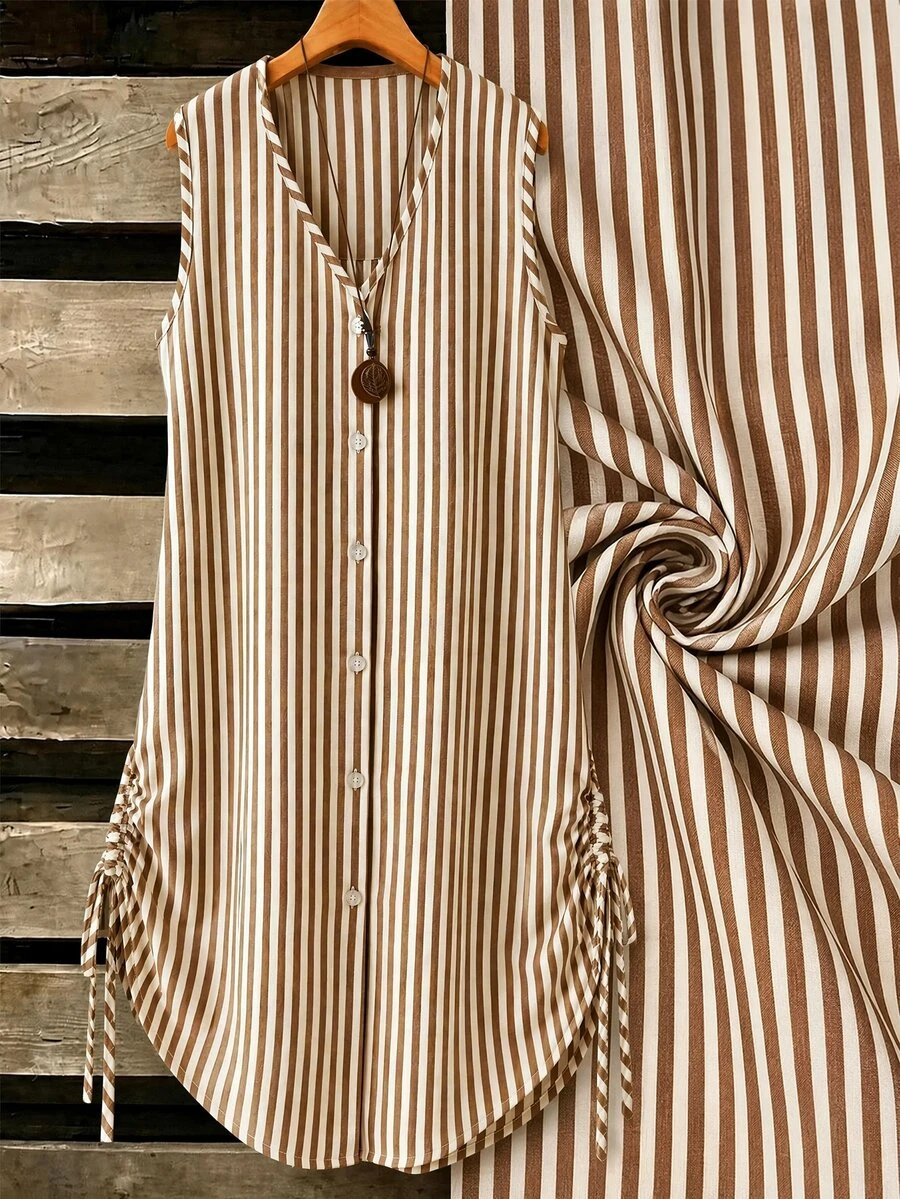 EMERY ROSE Women's Summer Swimwear Mature Striped Single-Breasted Sleeveless Shirt Cover-Up, Suitable For Summer Beach Vacation - Khaki - View 1