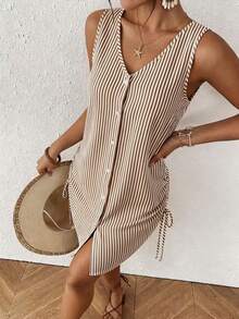 EMERY ROSE Women's Summer Swimwear Mature Striped Single-Breasted Sleeveless Shirt Cover-Up, Suitable For Summer Beach Vacation - Khaki - View 7
