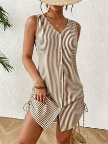 EMERY ROSE Women's Summer Swimwear Mature Striped Single-Breasted Sleeveless Shirt Cover-Up, Suitable For Summer Beach Vacation - Khaki - View 5