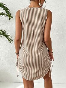 EMERY ROSE Women's Summer Swimwear Mature Striped Single-Breasted Sleeveless Shirt Cover-Up, Suitable For Summer Beach Vacation - Khaki - View 2